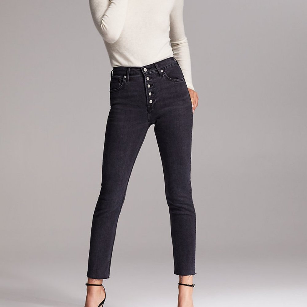 Denim Forum High-Rise Button-Fly Skinny Jeans in Washed Black